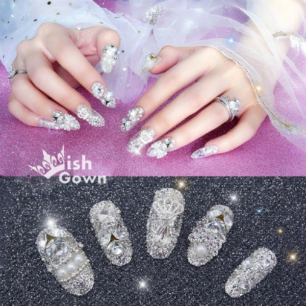 Long Fake Nails Crystal False Nails Glossy Nails French Full Cover Nails Wedding Nail 24Pcs