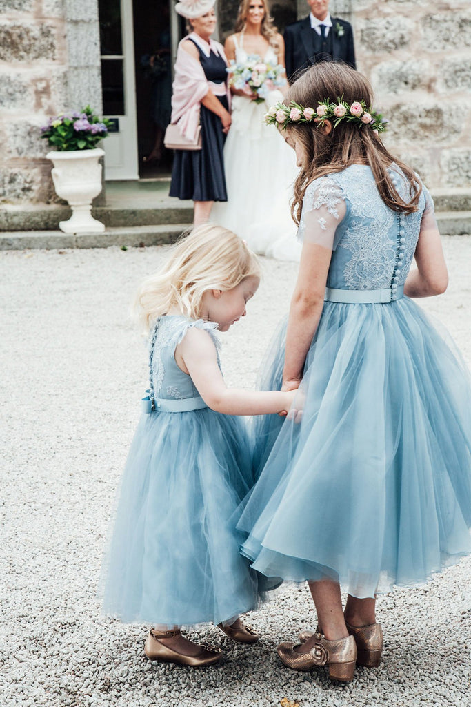 Blue Lace Top Tulle Flower Girl Dresses, Popular Cheap Junior Bridesmaid Dresses, FG045 - Wish Gown