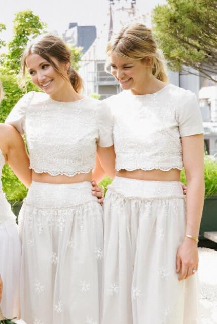 2 Pieces Short Sleeves Lace Pretty Long Wedding Bridesmaid Dresses, WG396 - Wish Gown