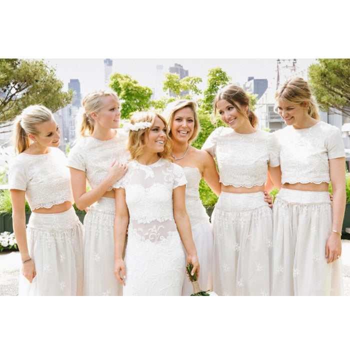 2 Pieces Short Sleeves Lace Pretty Long Wedding Bridesmaid Dresses, WG396 - Wish Gown