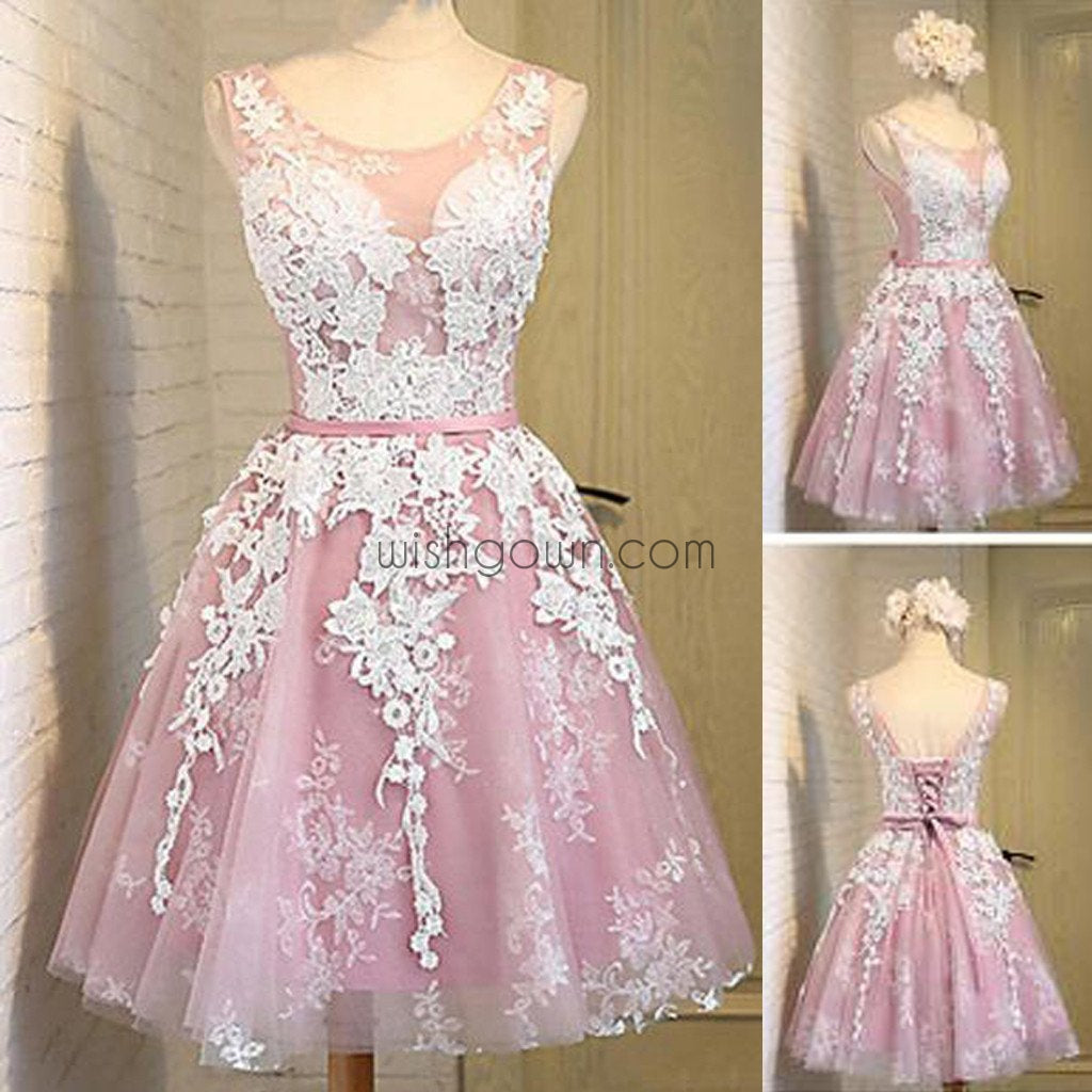 Off shoulder scoop neckline see through short pink homecoming prom dresses, CM0025