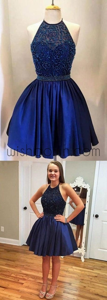 Halter backless Royal Blue Beaded homecoming prom dresses, CM0026