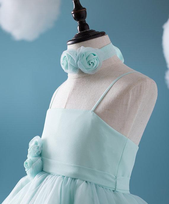 Cute Tiffany Blue Spaghetti Tulle Satin Flower Girl Dresses, Cheap Popular Little Girl Dresses, FG050 - Wish Gown