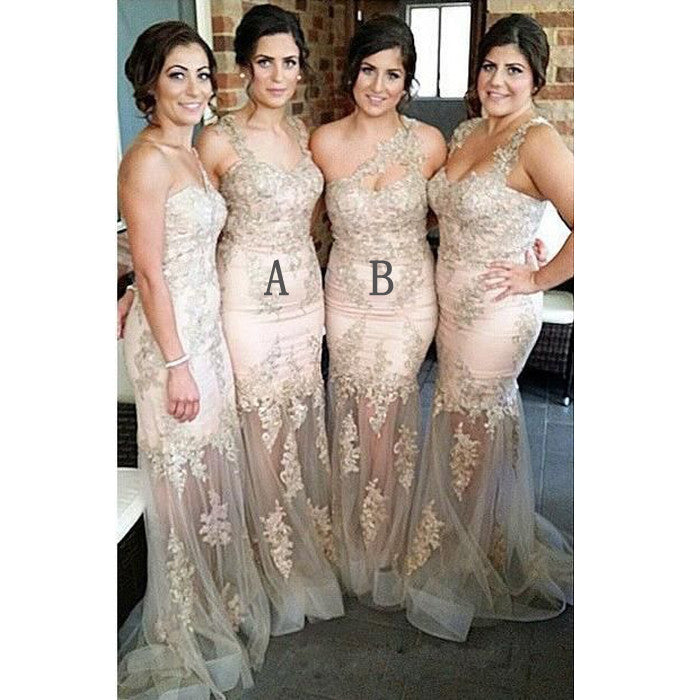 Mismatched Lace Applique Mermaid Sexy Long Bridesmaid Dresses, WG408