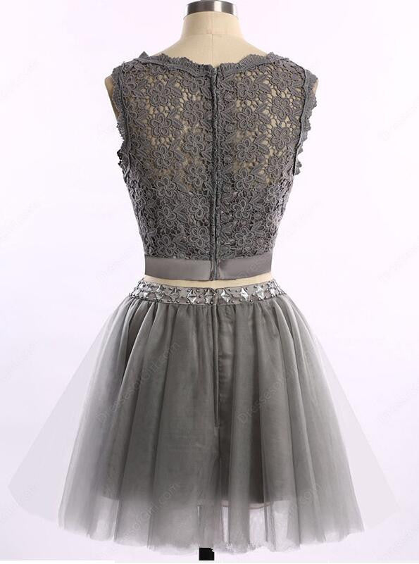 Two pieces grey lace tulle homecoming prom dresses, CM0003