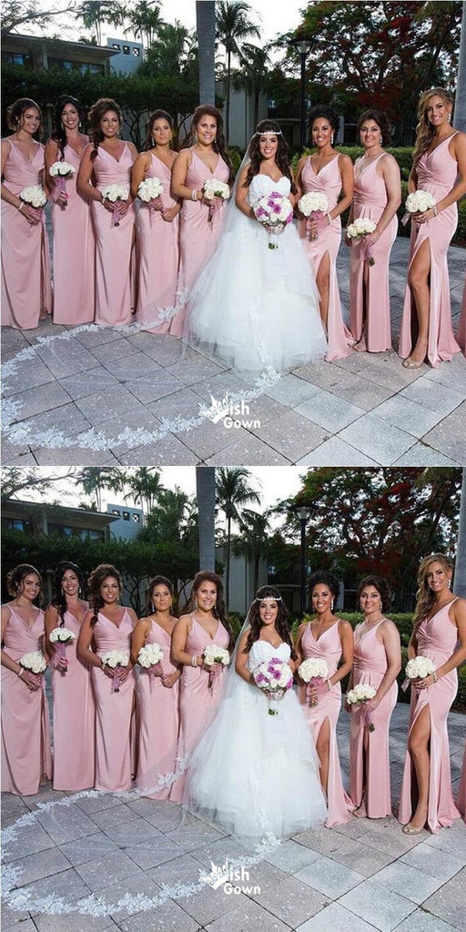 Simple Pink Mermaid Side Slit Long Bridesmaid Dresses Online, WGM153