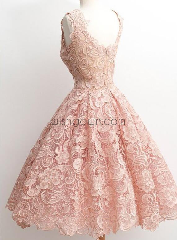 Peach Lace Scoop Neckline Short Cute homecoming prom dresses, CM0009