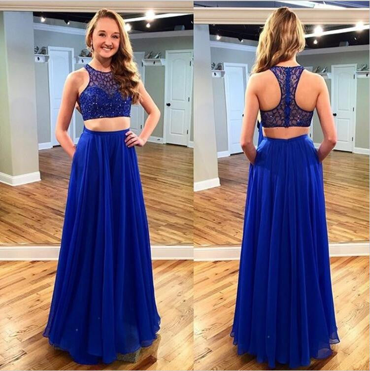 Royal BlueTwo Pieces Junior Cheap Chiffon Pretty Long Prom Dresses, WG505