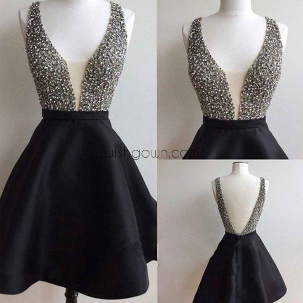 Short black open back sexy freshman homecoming prom dress,BD0050