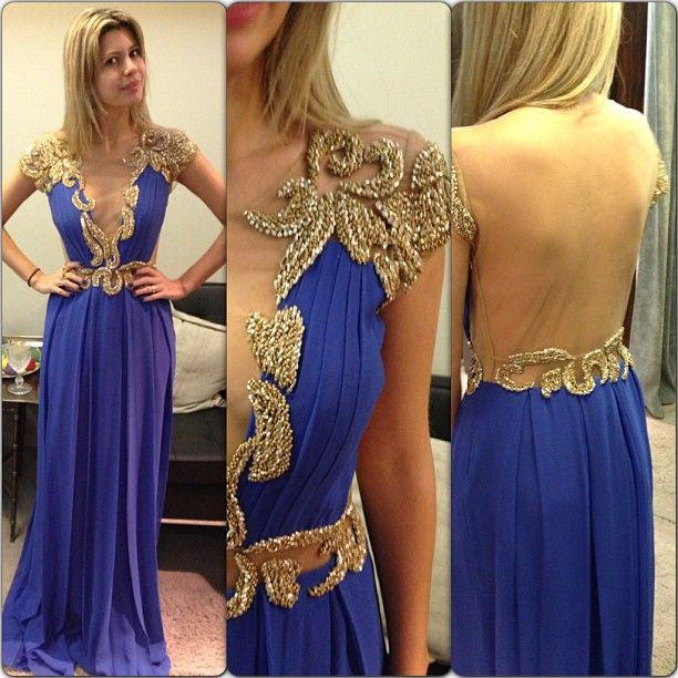 Gold Cap Sleeve Seen Through Back Deep V Neck Long Prom Dress, WG519 - Wish Gown