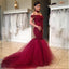 Burgundy Off Shoulder Lace Mermaid Gorgeous Long Prom Dress, WG522