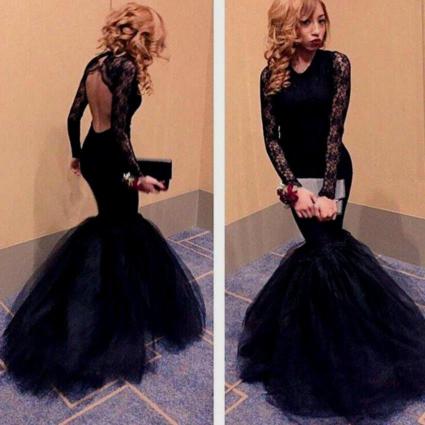 Sexy Backless Black Lace Mermaid Long Sleeve Long Prom Dress, WG526