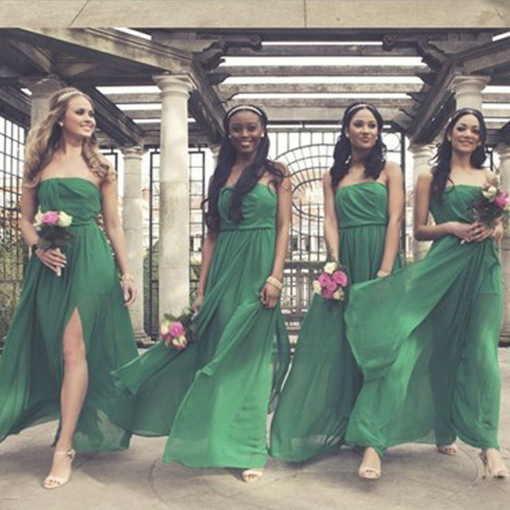 On Sale Side Split Straight Neckline Green Chiffon Pleating Long Wedding Guest Dresses, WG57