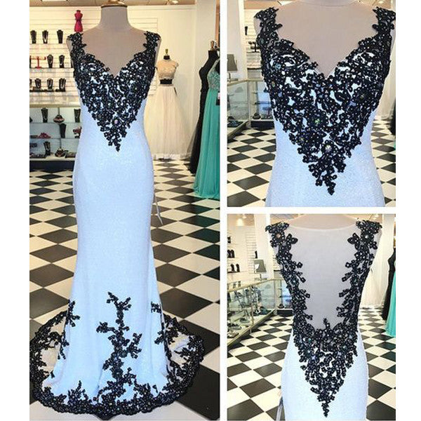 White Black Applique Seen Througb Back Long Prom Dresses, WG595