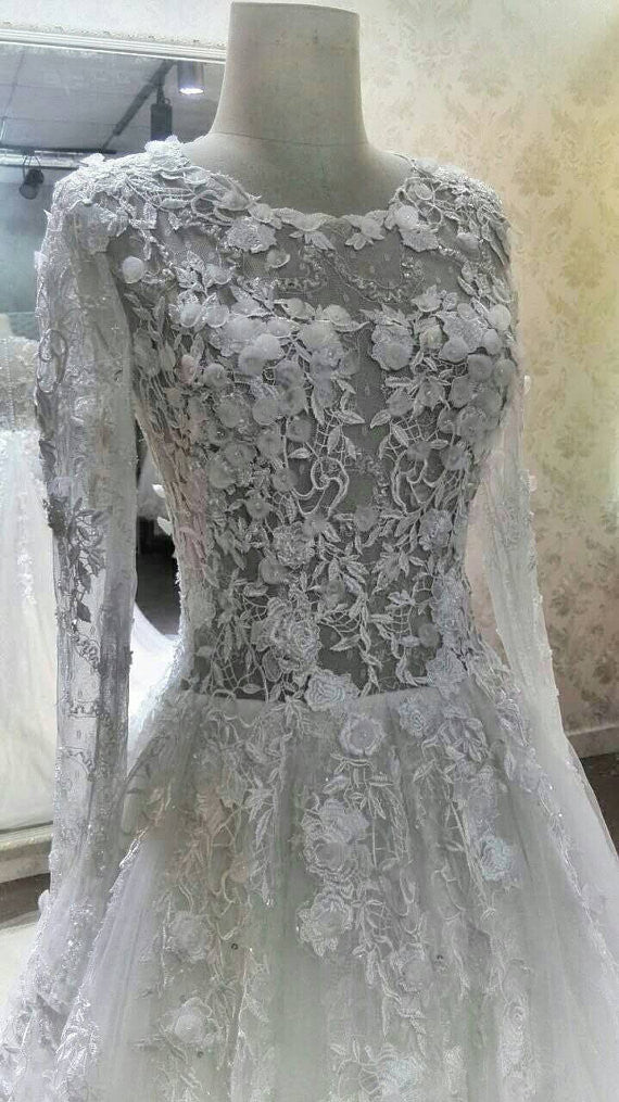 Lauxury Long Sleeves Charming Applique Lace Long Wedding Party Dresses, WG616