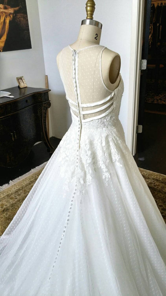 Charming Unique Round Neck Sleeves White Lace See Through Back Long Wedding Dress, WG627 - Wish Gown