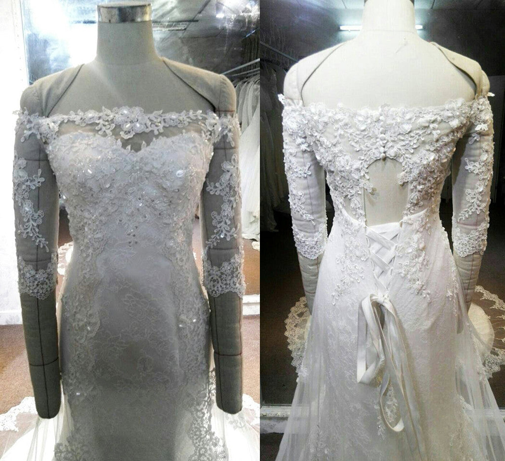 Long Sleeves Straight Neck Charming Lace Beaded Stunning Inexpensive Long Bridal Wedding Dress, WG635