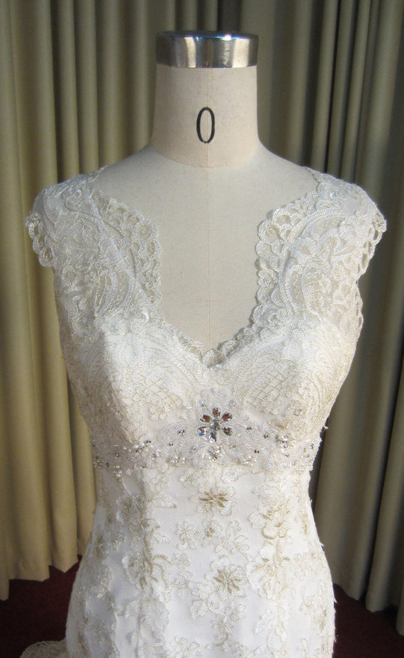 Gold Embroidered Lace Unique V Neck Charming Long Wedding Bridal Gown, WG639 - Wish Gown