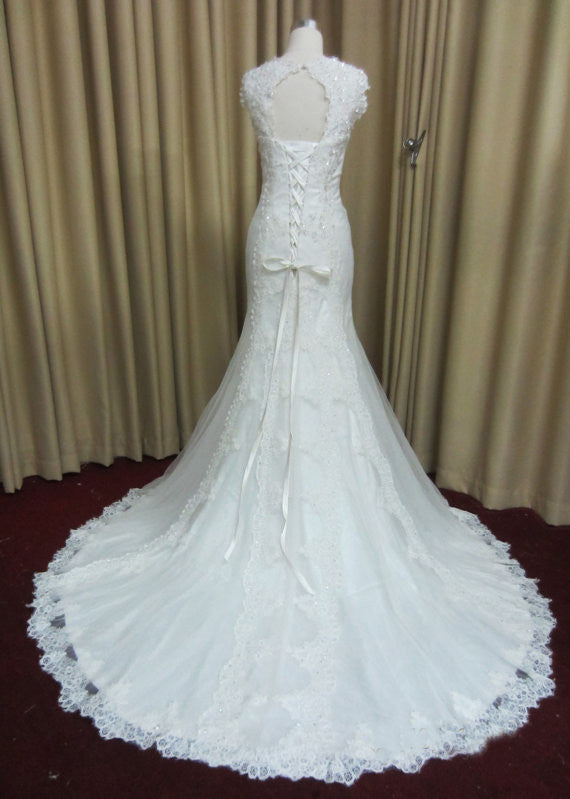 Stunning Lace White Elegant Lace Up Open Back Online Cheap Wedding Dress, WG648