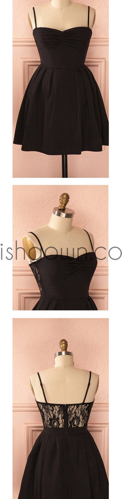 Spaghetti strap black simple lace cheap sexy homecoming prom dress,BD0067