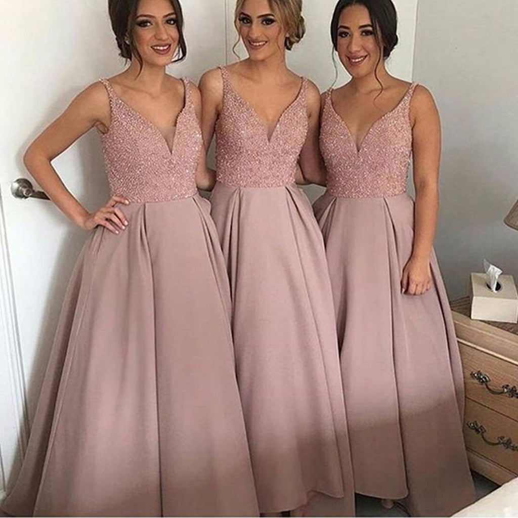 Gorgeous Pretty New Arrival Off Shoulder V-Neck Sparkly Long Bridesmaid Ball Gown, WG69 - Wish Gown