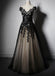 Black Applique Cap Sleeve Lace Up Back V Neck Long Prom Dresses, WG708 - Wish Gown