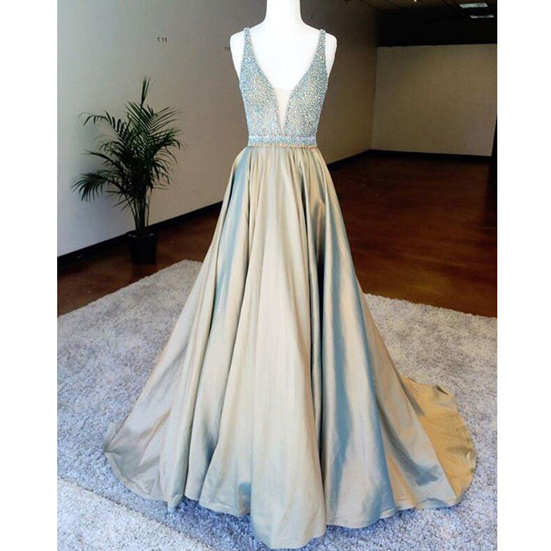 V-Neck Beaded Top Elegant Evening Long Prom Dresses, WG723