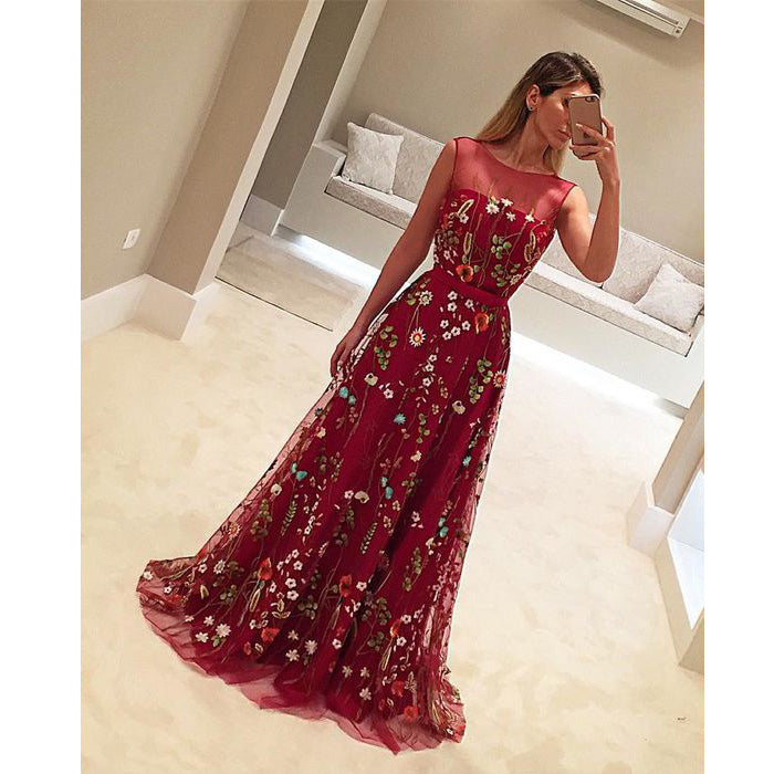 Burgundy Unique Applique Charming Evening Gorgeous Long Prom Dresses, WG769 - Wish Gown