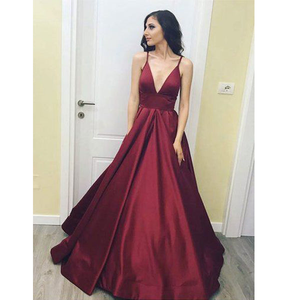 Burgundy Simple V Neck Cheap Formal Long Satin Evening Prom Dress, WG783 - Wish Gown