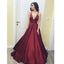 Burgundy Simple V Neck Cheap Formal Long Satin Evening Prom Dress, WG783