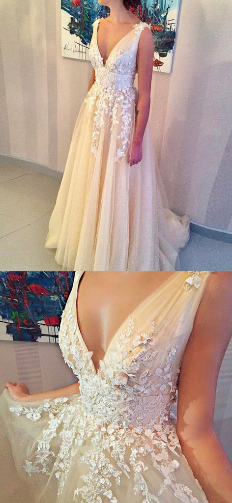 Popular Charming V Neck Applique Tulle Evening Formal Long Prom Dresses, WG794