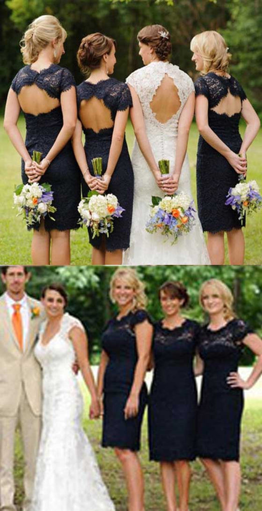 Charming Elegant Lace Navy Blue Open Back Knee-Length Short Mini Cap Sleeve Cheap Bridesmaid Dresses, WG095 - Wish Gown