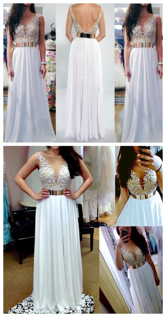 White V- Back Long Cheap Charming Evening Party Junior Prom Dresses, PD0108