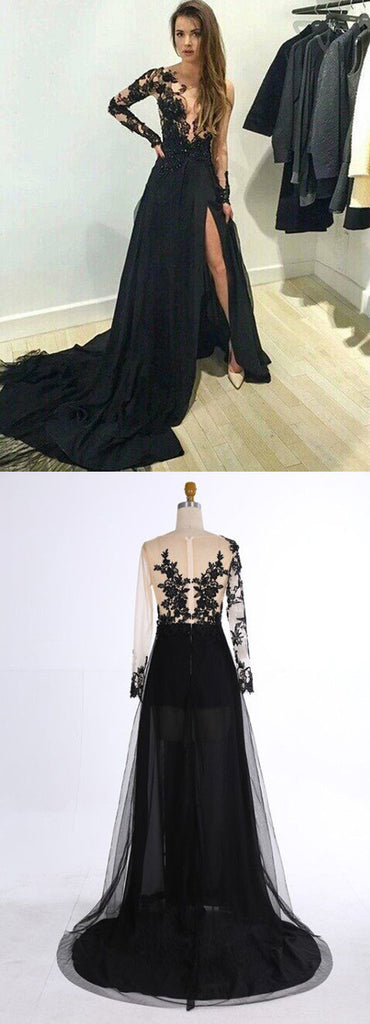 Long Lace Popular Side Split Sexy Black Long Sleeves Evening Prom Dresses, PD0013