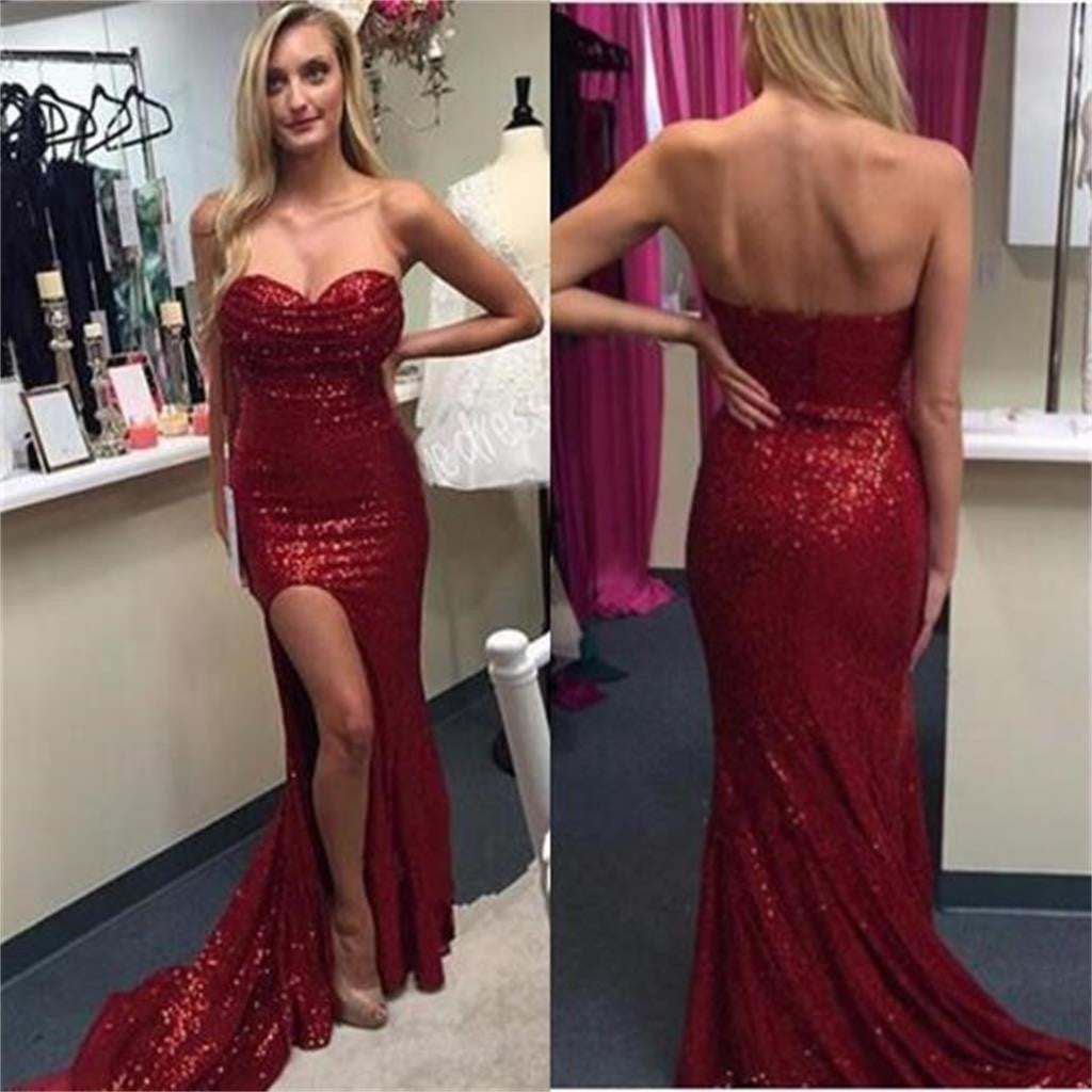 Side Slit Red Sequined Sweet Heart Sparkle Sexy Evening Cheap Long Prom Dress, PD0146