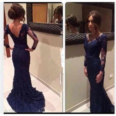 Navy Long Lace V-neck Elegant Mermaid Inexpensive Long Sleeves Prom Dresses, PD0017