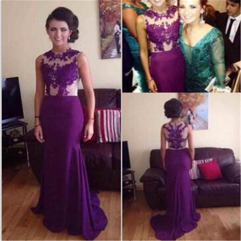 Purple High Neck Mermaid Stunning Purple Sexy Cheap Lace Evening Long Prom Dress, PD0177