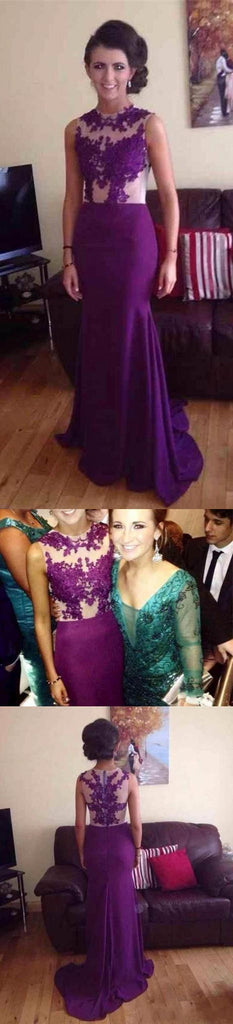 Purple High Neck Mermaid Stunning Purple Sexy Cheap Lace Evening Long Prom Dress, PD0177