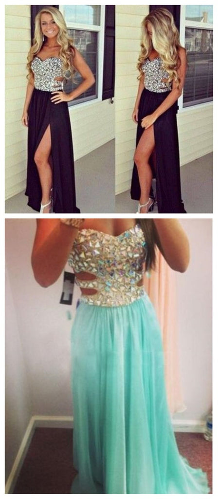 Long Black Seet Heart Sleeveless Side Slit Chiffon Formal Party Evening Prom Dresses, PD0047