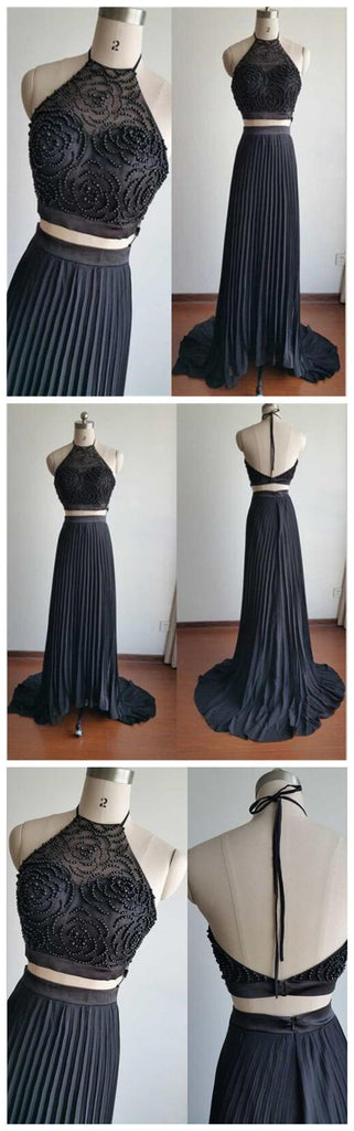 Two Pieces Halter Backless Beading Newest Evening Party Cheap Long Prom Dress, PD0061