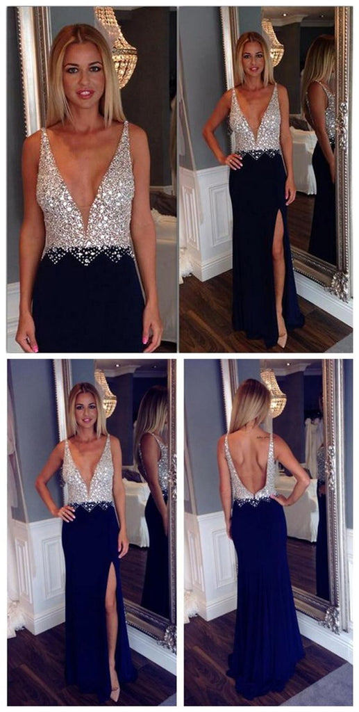 Shinning Deep V-Neck Open Back Side Slit Fashion Popular Party Newest Prom Dresses, PD0088