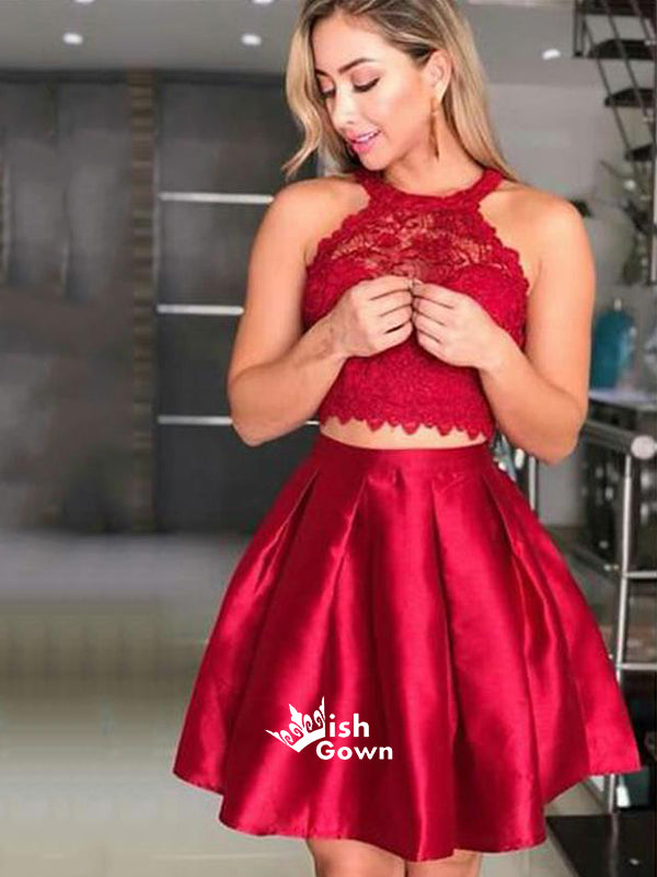 Off Shoulder Two Pieces Lace Red Knee-length Casual Homecoming Prom Cocktail Dress, BD00115