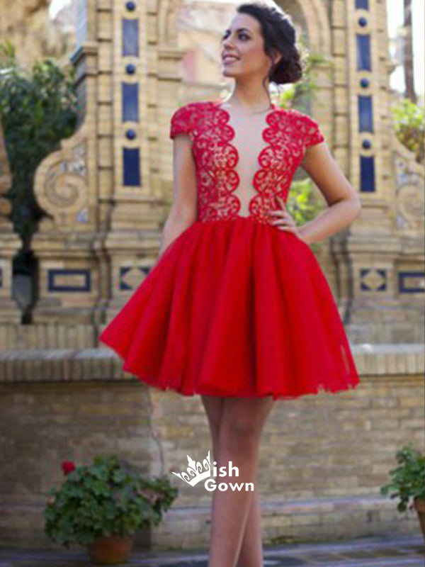 Red Open Back Sexy With Short Sleeve Cocktail Homecoming Prom Dress, BD00133