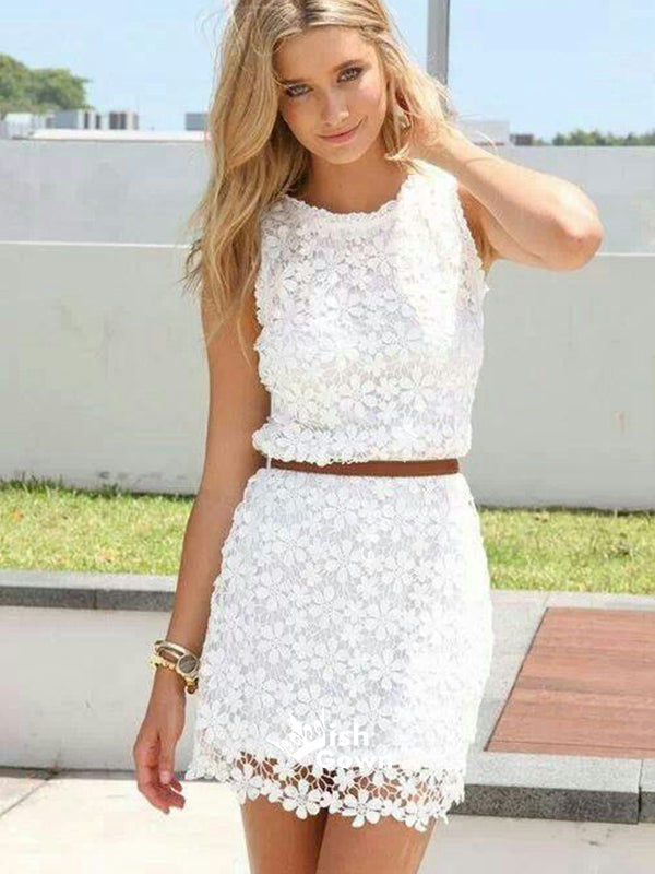 White Lace Two Pieces Tight Sleeveless Short Homecoming Prom Dresses, BD00177