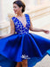 Royal Blue Lace Top V-back Satin A-line Knee-length Homecoming Prom Dresses, BD00197