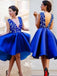 Royal Blue Lace Top V-back Satin A-line Knee-length Homecoming Prom Dresses, BD00197