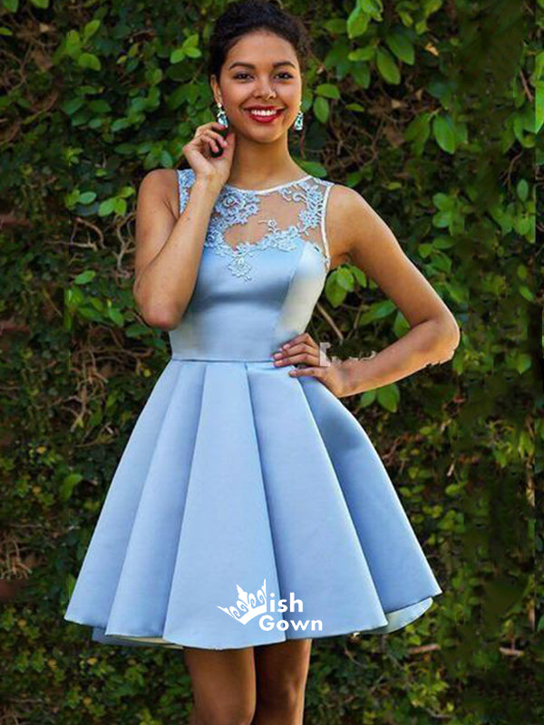 Lovely Blue Halter Lace Satin A-lineShort Homecoming Prom Dresses, BD00198