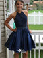 Royal Blue Beaded Halter Short Satin Homecoming Prom Dresses, BD0034