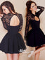 Black Open Back Long Sleeves A-line Mini Casual Cocktail Homecoming Prom Gown Dress,BD0088