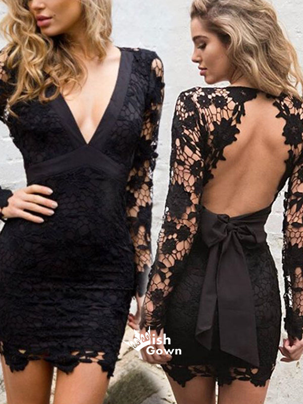 Sexy Tight Long Sleeve Black Lace Open Back Bow-knot Short Casual Cocktail Homecoming Prom Dress,BD0092